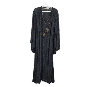 Judith Ann Caftan Dress Black Gold Silk Beaded Sequins Embellished Maxi Size 3X